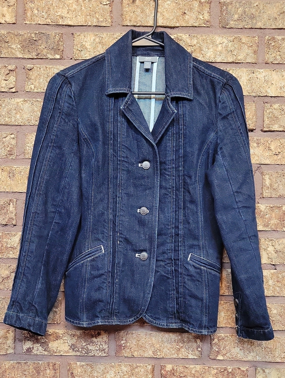 J. Jill Denim Blazer Jacket Cotton Linen Blend Dark Wash Size 0P Fall